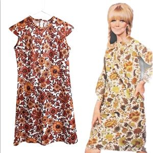 Vintage Mod 60s 70s Orange & Brown Floral Dress